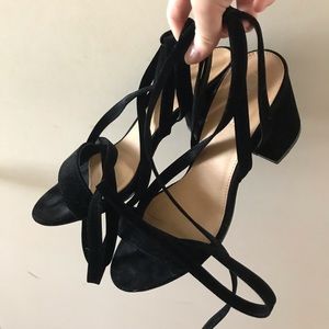 Public desire black suede wrap block heels